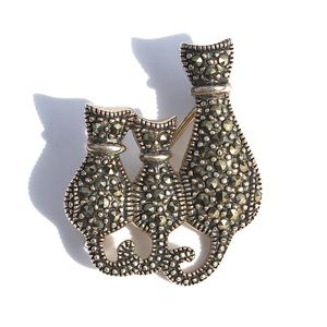 Vintage Cat Trio Marcasite Sterling Silver Brooch